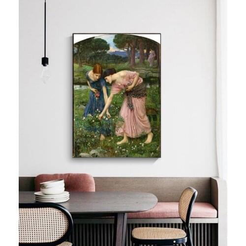 Citon William Waterhouse《Gather ye rosebuds》Canvas oil painting World Famous Artwork Poster Picture Wall Decor Home Decoration
