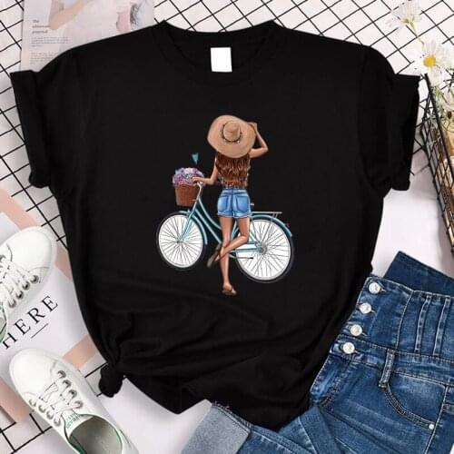 FIXSYS Kawaii Kpop Woman Black T-Shirts For Bicycle Girl Basic Fashion Tshirt Cartoon Woman Summer Clothes Short Sleeve T-Shirts
