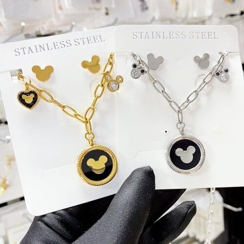 Cartoon Kawaii Mouse Pendant Necklace Titanium Steel Chain Necklace Inlaid Crystal Fashion Trendy Women Jewelry Birthday Gift