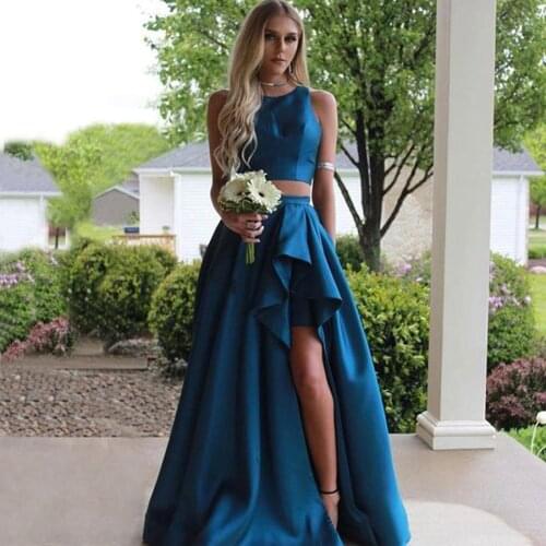 Cheap Two Pieces Country Prom Dresses Jewel Neck Split Side Wedding Guest Dress Satin Maid Of Honor Gowns