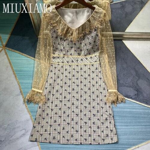 MIUXIMAO 2021 Spring Summer Dress New Cute Flower Print Elegant Long Sleeve Knee-Length Lace Ruffles Slim Dress Women Vestidos