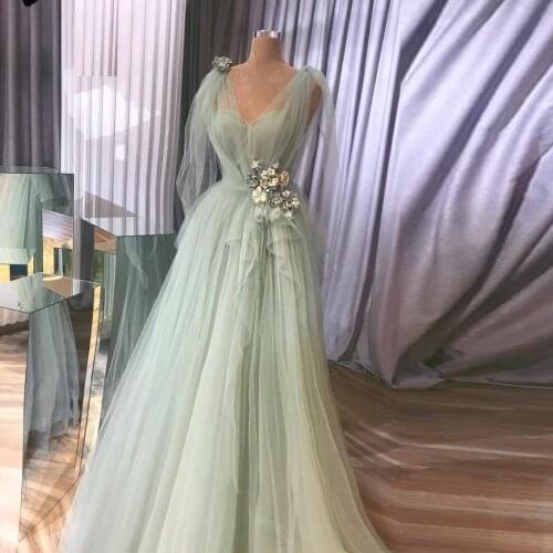 Decent Evening Dress With Flower Decorations V Neck Mint Green Tulle Vestidos De Festa A Line Evening Dresses Formal Gown