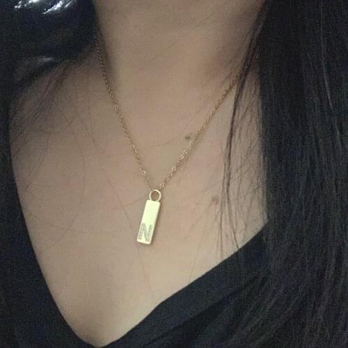 Simple Zircon Initial Letter Square Tag Charm Choker Necklace Minimalist Copper Gold Color Alphabet Geometric Collar Steel Chain