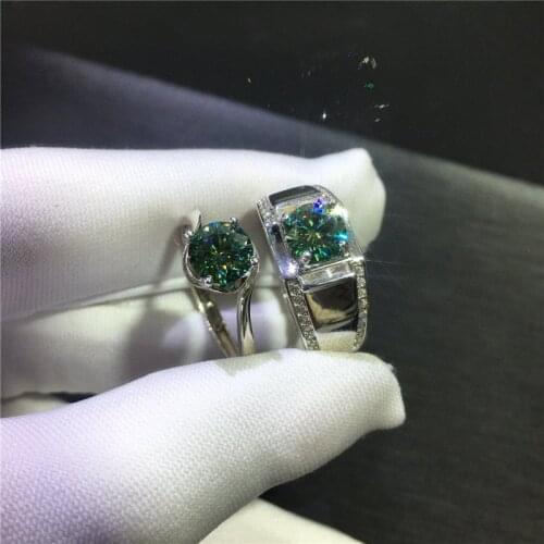 Silver Excellent Cut 1 Carat Round Diamond Test Passed Green Moisanite Couple Rings Silver 925 Emerald Ring Men Women Jewelry