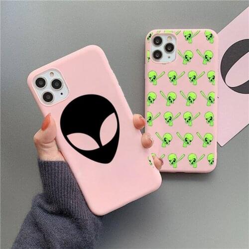 Cartoon alien space Phone Case For iphone 12 11 Pro Max Mini XS 8 7 6 6S Plus X SE 2020 XR Matte Candy Pink Silicone cover
