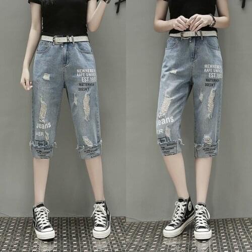 Loose Pants Womens Summer 2021 Plus Size Womens Fashion Ripped Printed Denim Cropped Pants Mom Jeans Super Stretchy Jeans