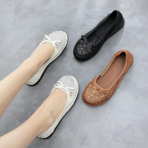 Tilocow Crystal Genuine Leather Shoes Woman Spring/Autumn Slip On Flats Female Solid Round Toe Loafers Casual Ladies Flat Shoes