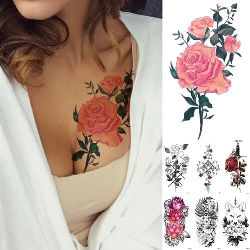 Waterproof Temporary Tattoo Sticker Rose Line Flower Lace Flash Tattoos Peony Wolf Body Art Arm Fake Tatoo Women Men