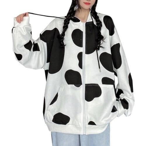 Cow Printed Women Hoodies Zipper Sweatshirt Tops Autumn Winter Female Hoodie Hooded Fashion Harajuku Ladies Girls Pullovers Tops