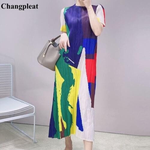 Changpleat 2021 Summer Miyak Pleated maxi dresses for women Fashion Printed O-neck Short sleeve Elastic waist A-line Dresses D78