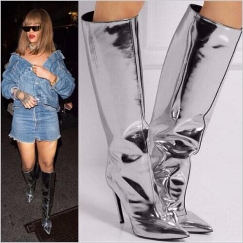 Hot Sale beautiful Mujer Botas Silver Mirrored-leather Knee High Boots Pointed Toe Thigh High Boots Winter High Heels Women Boot