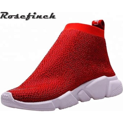 Women Rhinestones Boots Sneakers Knit Sock Sneakers Womens Fashion Sneaker Stretch Sock Boots Large Size Rubber Sole WK104