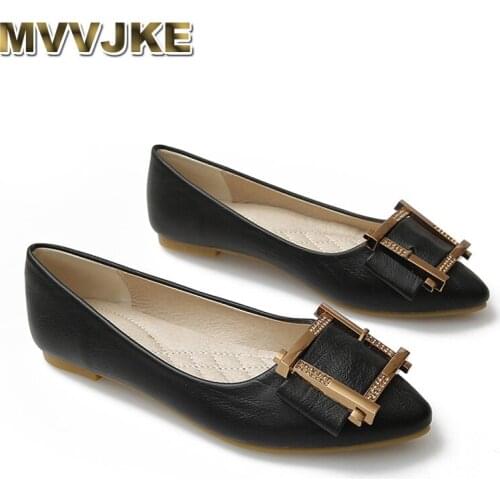 MVVJKE Women Shoes Buckle Ballet Flats Shoes Patent Leather Pointed Toe Loafers Flat Shoes Shallow Big Size Shoes Comfortable