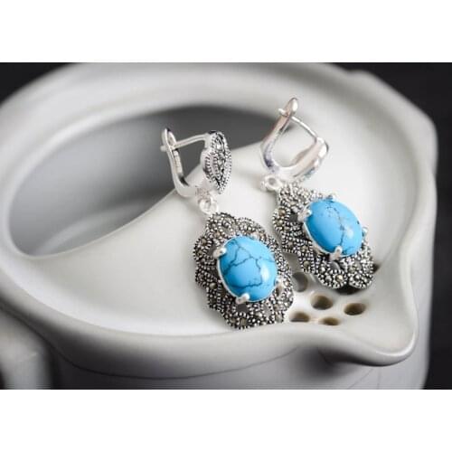 Natural STONE ladys VINTAGE 925 SILVER GREEN MARCASITE DANGLE HOOK EARRING Brincos Ohrringe Sterling Silver Jewelry Earring