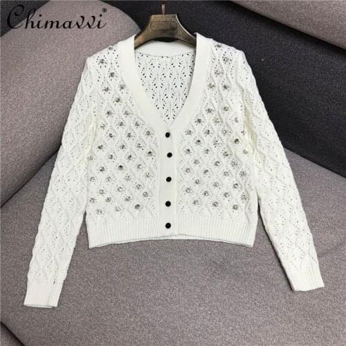 Elegant Heavy Beaded Short Coat Female Hand-made Diamond V-neck Hollow Cropped Sweater Fashion Long Sleeve Knitted Cardigan