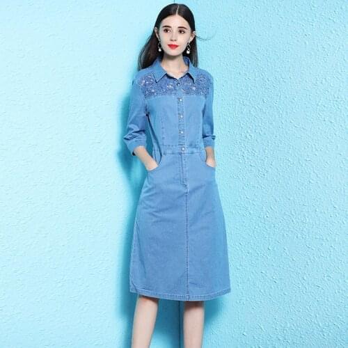 Denim dress summer 2019 dress girl denim dresses women knee length hollow out dress feminino NW18C2868