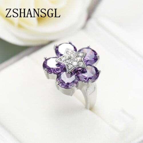 Genuine Silver Color Flower Shaped Forever Clear Purple CZ Five-star Point Finger Rings for Women Jewelry Christmas Gift