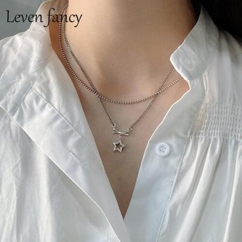 Vintage Design Women Wedding Jewelry Double Chain Retro 925 Sterling Silver Bone with Star Choker Necklaces Two Layer Necklace