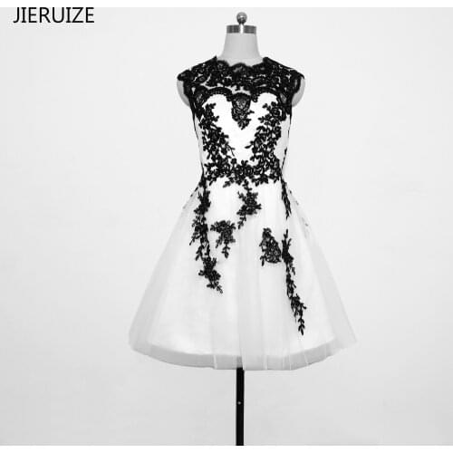 JIERUIZE robe de marriage White And Black Lace Appliques Tea length Cheap Wedding Dresses Cap Sleeves Bridal Gowns brautkleid