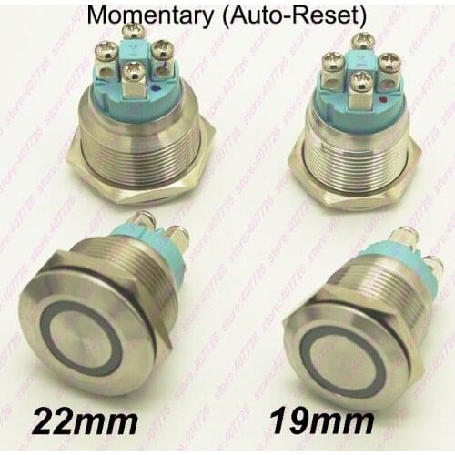 1PC 19MM/22MM Stainless Steel Metal Button Switch illuminated Ring LED 12V Momentary Push Not Fixed Flat Head No Need Soldering