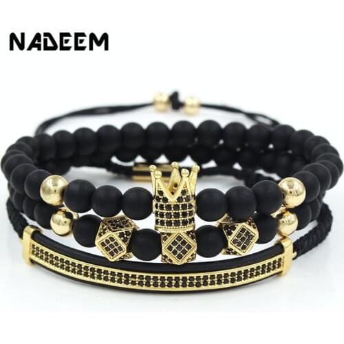 3Pcs/Set Hip Hop CZ Crown Moon Charm Braiding Bracelet Sets Black Natural Stone Bead Women Men Luxury Bracelet Pulseira Bileklik