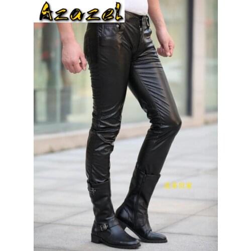 Azazel Hot 2020 New Men Black Leather Pants PU Material Black Color trousers Motorcycle Skinny Faux Leather Man Pants 29-39