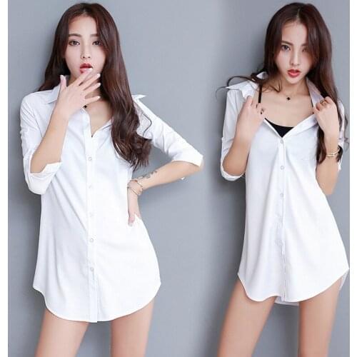 White Shirt Womens Mid-length BF Wind Loose Sexy Pajamas Long-sleeved Shirt Chiffon Bottoming Shirt Skirt Blouse