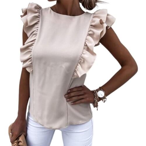Women Blouse Solid Color soft Back Hollow Out Summer Ruffle Tie-Up Bow Sleeveless Top skin-friendly to wear for Home
