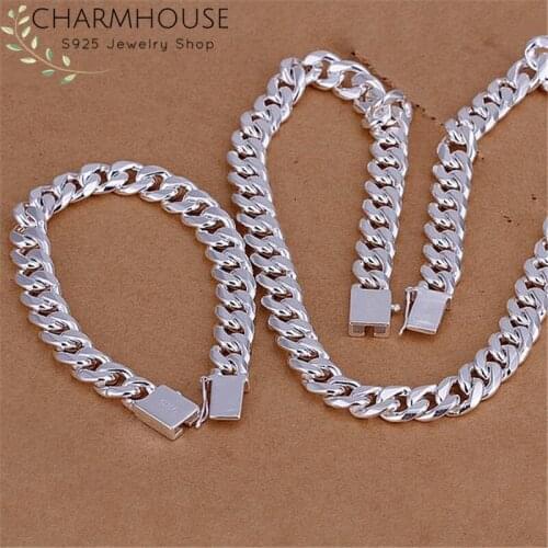 Charmhouse Silver 925 Jewelry Sets For Men 10mm Link Chain Necklace & Bracelet Collier Pulseira 2pcs Jewelry Set Party Gifts
