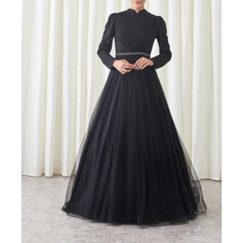 Black Long Sleeve Muslim Prom Dress 2021 A Line Pleats Saudi Arabic Evening Formal Party Ball Gowns