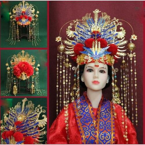 Long Tassel Imitate Wire Inlay Artwork Blue Cloisonne Empress Phoenix Tiara Ancient Chinese Blue Wedding Tiara