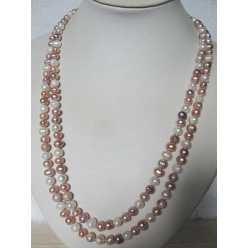 Elegant Genuine Pearl Jewellery,120cm Long AA 7-8MM Potato Round Genuine White Pink Purple Mixes Freshwater Pearl Necklace