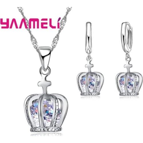 Women Cage Jewelry Set Fine 925 Sterling Silver Shiny Cubic Zircon Stone Cross Crown Pendant Necklace Earrings for Wedding Party