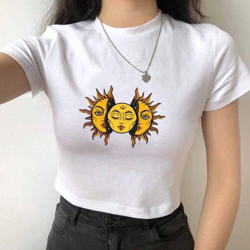 Harajuku Sun and Moon Graphic Crop Top Tshirt for Women Funny Short Sleeve T Shirt Womens Casual Oversized Printed T-shirt