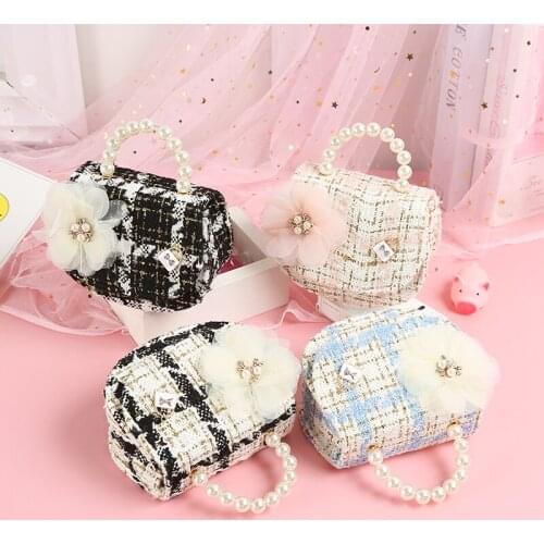 Little Girls Tote Purse Lightweight Elegant Fashion Plaid Clutch Pearl Handle Wild Mesh Flower Decor Crossbody Shoulder Bag