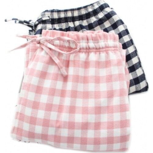 2021 Autumn New Couples 100% Polish Cotton sleeping bottoms Female nighty trousers Ladies Casual Plaid pajama pants Plus size