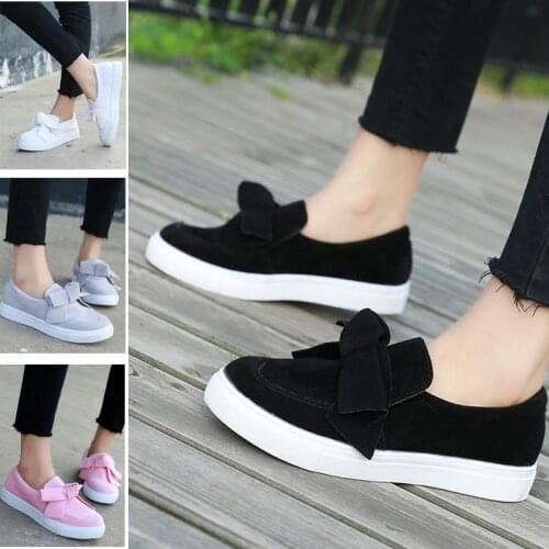 Fashion Women Flats Shoes Womens Skateboard Shoes Ladies Round Toe Bow Slip on Platform Sneakers Cute Shoes Plus Size Black