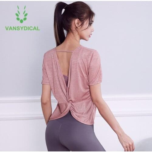 New Workout Open Back Gym Yoga Shirts Loose Workout Sports Short Sleeve Quick Dry Kinked Fitness Training Running T-shirts