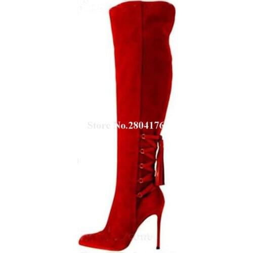 Women Charming Pointed Toe Red Flock Thin Heel Over Knee Boots Back Lace-up Suede Leather Long High Heel Boots Club Shoes
