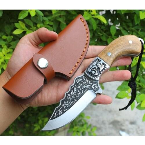 Fixed Blade Hunting Knife 440C Satin Blade Full Tang Wood Handle Straight Knives With Leather Sheath M6538