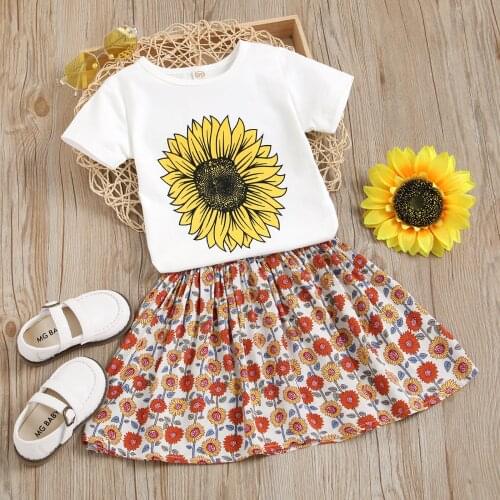 1-6Y Fashion Girls Summer Clothes Sets 2pcs Sunflower Printed Short Sleeve T Shirts Tops Floral Skirt Children Suit