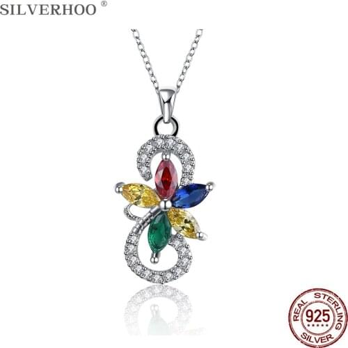 SILVERHOO 925 Sterling Silver Trendy Snake Shape Pendant Necklace Charms Multicolor Flower CZ Necklaces For Women Jewelry Gift