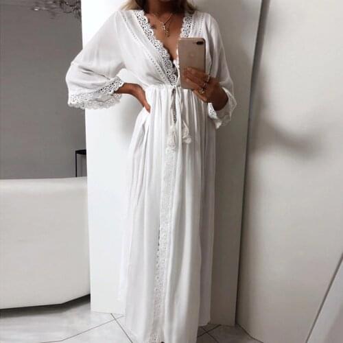 Sanderala Womens Long Robe Homewear Soft Hollow Lace Tie Up Waist Slim Casual Long Loose Robedress Maxi V Neck Bathdress Festa