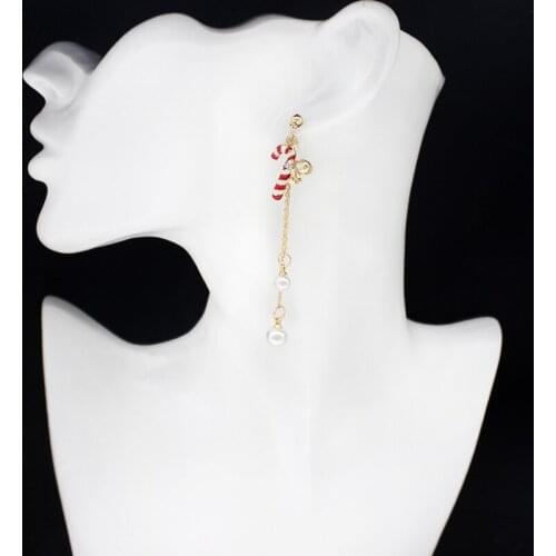 Christmas Earrings Hanging Golden Bells With Five-pointed Stars On Tree Long Chain Pendant Jewelry Mosaic Imitation Pearl