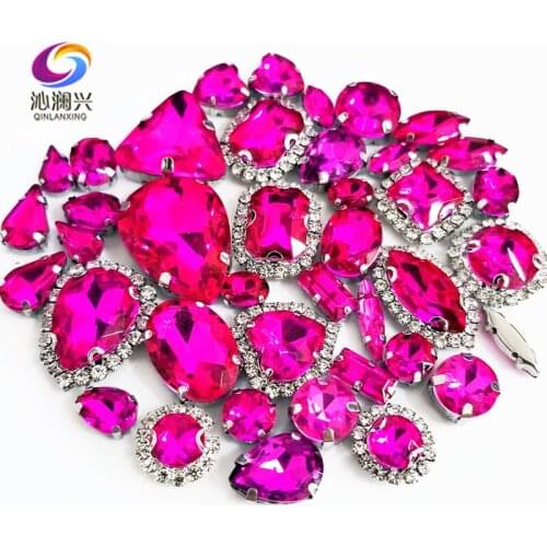 Rose red color Mix size Crystal buckle+claw rhinestone,Silver base galss sew on stones diy/Clothing accessories 50pcs/pack