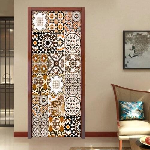Removable DIY Self-adhesive Door Sticker 3D Mosaic Tile Pattern Living Room Bedroom Door Decoration Mural Wallpaper Wall Decals