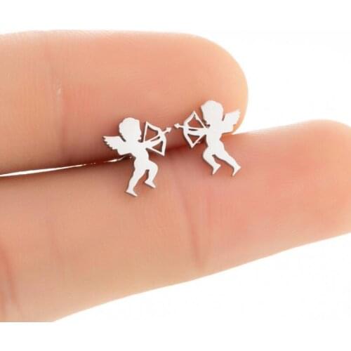 New Fashion Stainless Steel Cupid Angel Stud Earrings For Women Men Jewelry Arrow Ear Post Earrings Valentines Day Lover Gifts