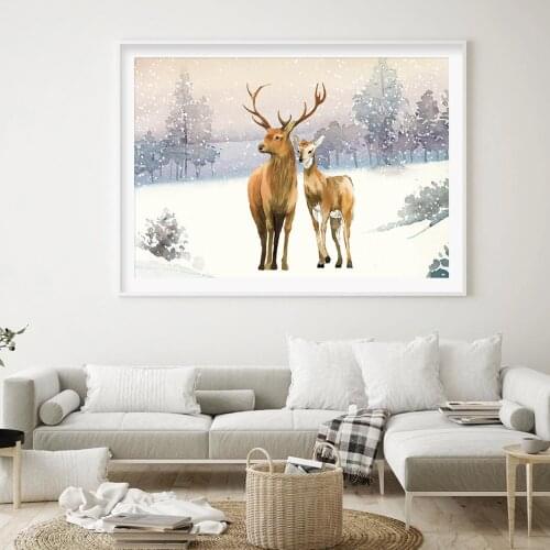 Modern Snow Deer Dream Winter Forest Posters Canvas Painting Wall Art Print Pictures for Living Room Interior Home Decoration