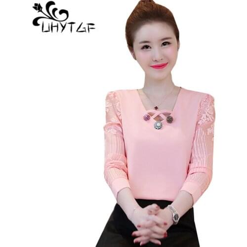 UHYTGF Autumn T-shirt Women Fashion Chiffon Short Top Female Lace Long Sleeve Pullover Elegant women t shirt Plus Size Shirt 695
