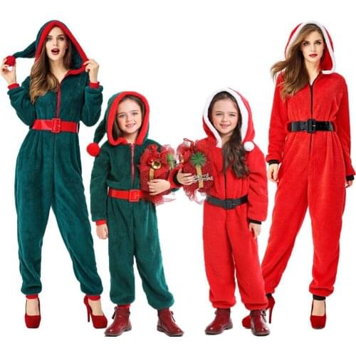 Umorden Adult Child Christmas Elf Santa Claus Costume Girl Women Hooded Onesie Pajamas Jumpsuit Fantasia Xmas Dress Up